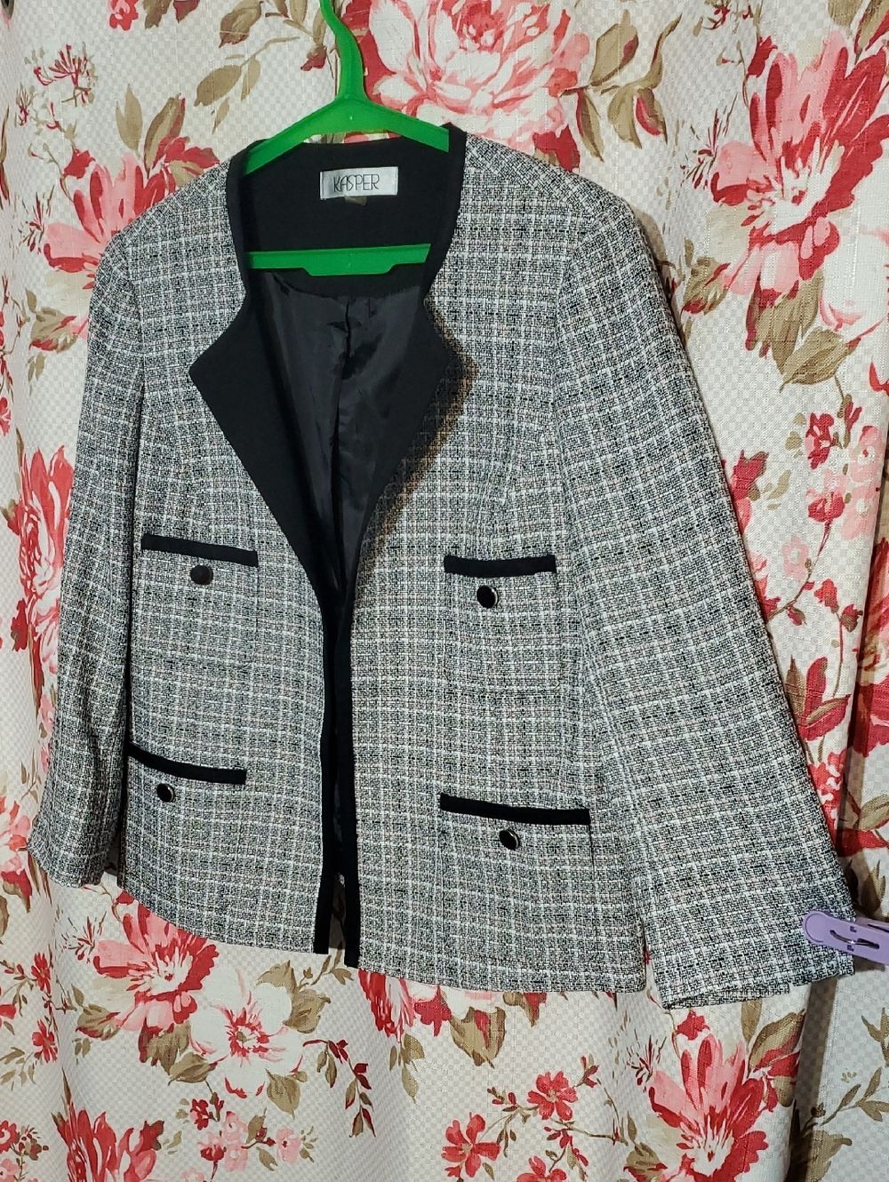 Kasper Black and Gray Tweed Collarless Blazer with Trim